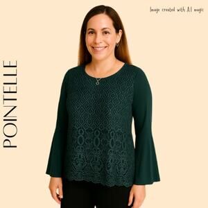 POINTELLE Green Lace Overlay Blouse With Bell Sleeves, L